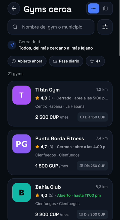 Gyms cerca en lista