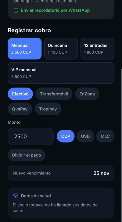 Registrar cobro: plan, método, moneda y monto