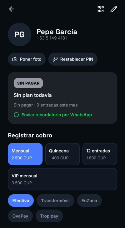 Ficha del socio con Poner foto y Restablecer PIN