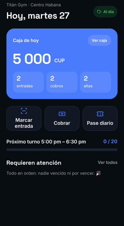 Pantalla Hoy con la caja, las entradas y quién requiere atención