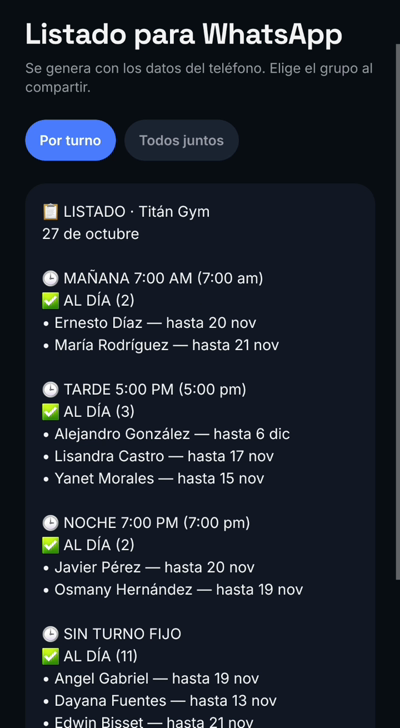 Listado para WhatsApp por turno