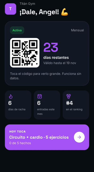 Inicio del socio con su carné QR